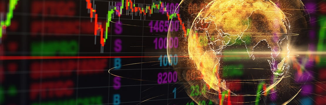 Stock charts and a glowing world globe illustrating global financial markets